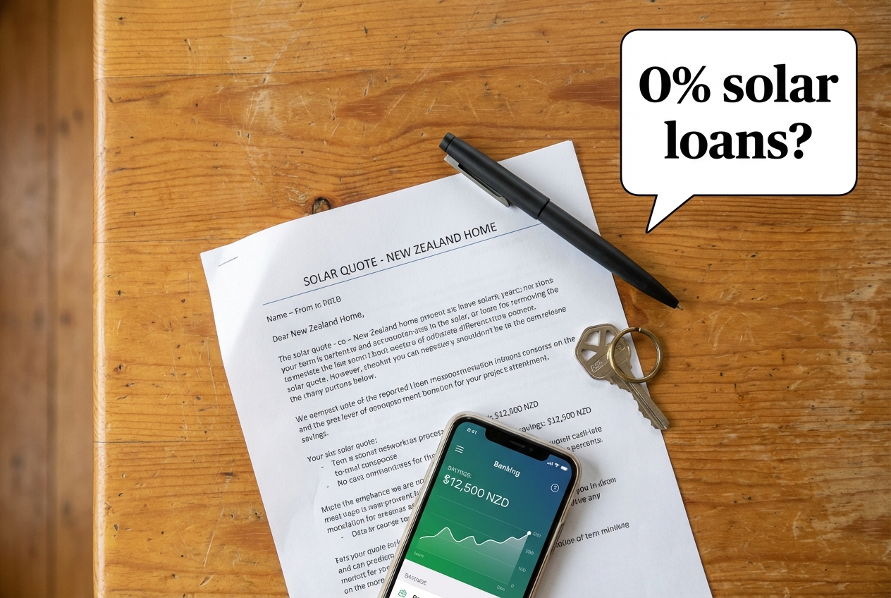 New Zealand bank cards and solar panel on a table comparing green loan rates